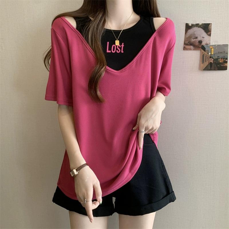 Damen Koreanischer Stil Modisch Locker Schlankmachend Kurzärmlig Fake Zweiteiler Sommeroberteil