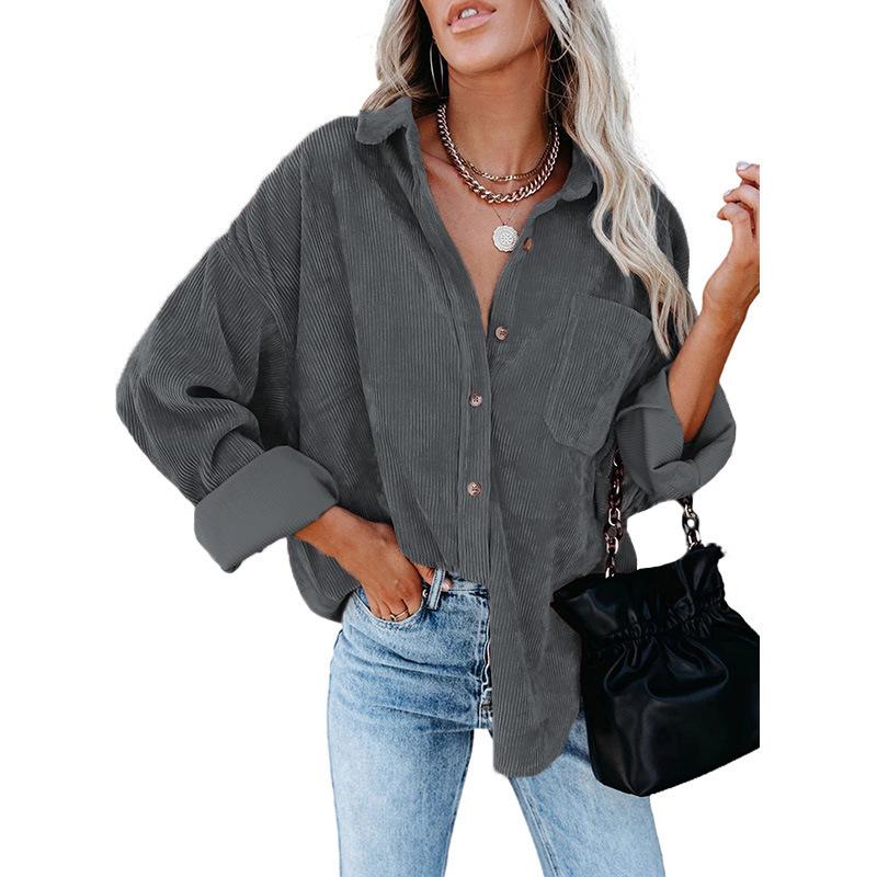 Damer Casual Manchestervårdblus Randig Damer Skjortjacka Vintage Knapp Ficka Lös Mode Blusar Toppar Plus Size