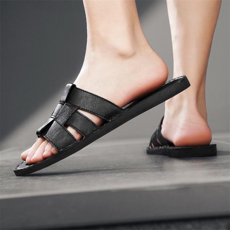 Men Slippers Handmade Simple Flats Brown Leather Sandals Black Summer Roman Sandals Open Toe Beach Shoes Plus Size