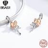 BISAER 925 Silver Rose Gold Charm Bead Heart Flower Pendant For Girl Bracelet DIY Mother's Day Birthday Fine Jewelry