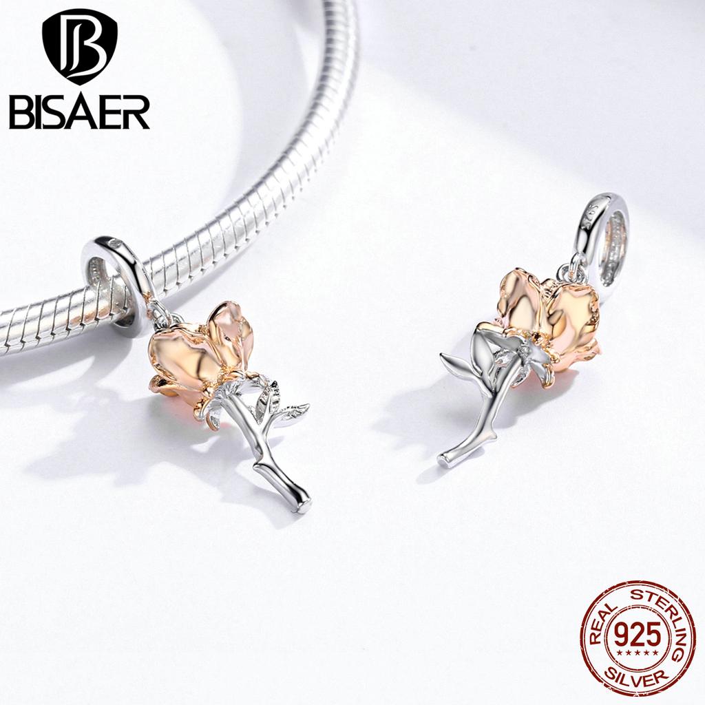 BISAER 925 Silver Rose Gold Charm Bead Heart Flower Pendant For Girl Bracelet DIY Mother's Day Birthday Fine Jewelry