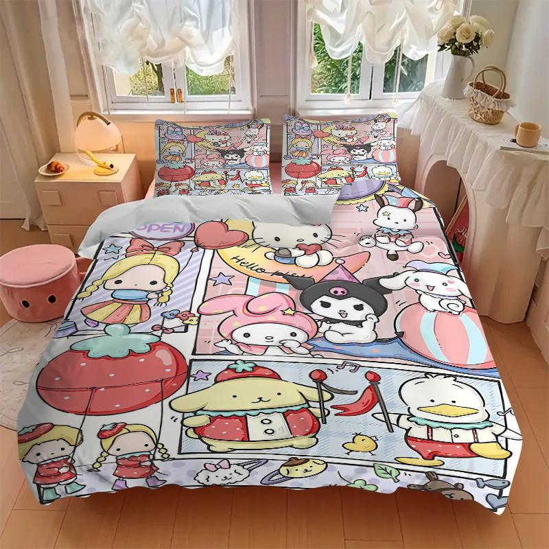 3pcs Friendship and Fun Hello Kitty and Friends Printed Quilt Set Soft and Comfortable Quilt Cover for Bedroom, Guest Room Bedding Set S022