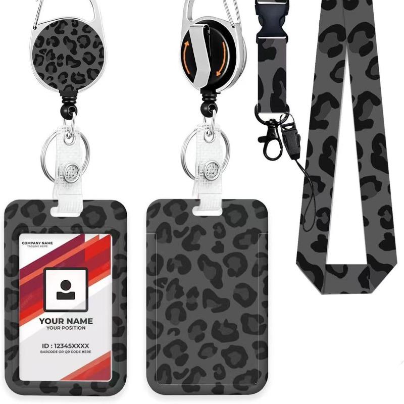 Leopard Print ID Badge Holder with Lanyard Retractable Badge Reel Belt Keychain Lanyards Clip Vertical ID Card Cover Sleeve Case