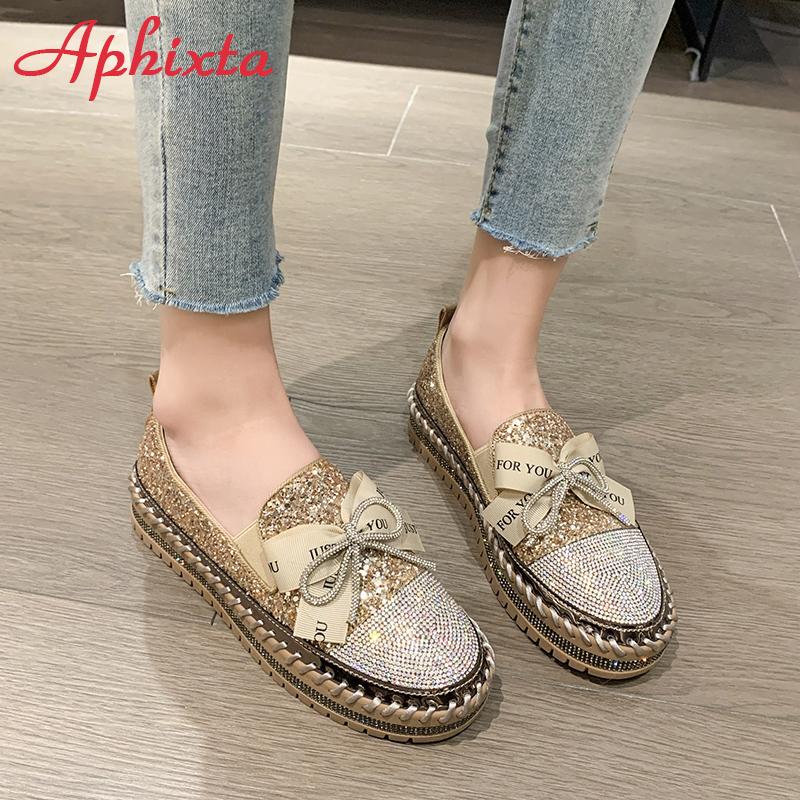 Fashion Aphixta 2025 New Luxury Crystals Bowknot Sequined Flat With Platform Shoes Loafers Couple Woman Fashion Shoes Plus Size 44