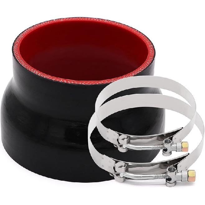 3 To 4 Inches Straight Black Silicone Reducer Coupler With 2 T-Bolt Clamps 4 Layers Of Polyester Reinforcement Suitable High Level Turbo Pipe