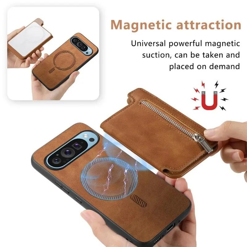 Glidelåskortspor Lommebokstativ Holder Veske for Google Pixel 9 Pro 8A 7A 7 Pro Magnetisk lær Støtsikkert beskyttende telefondeksel