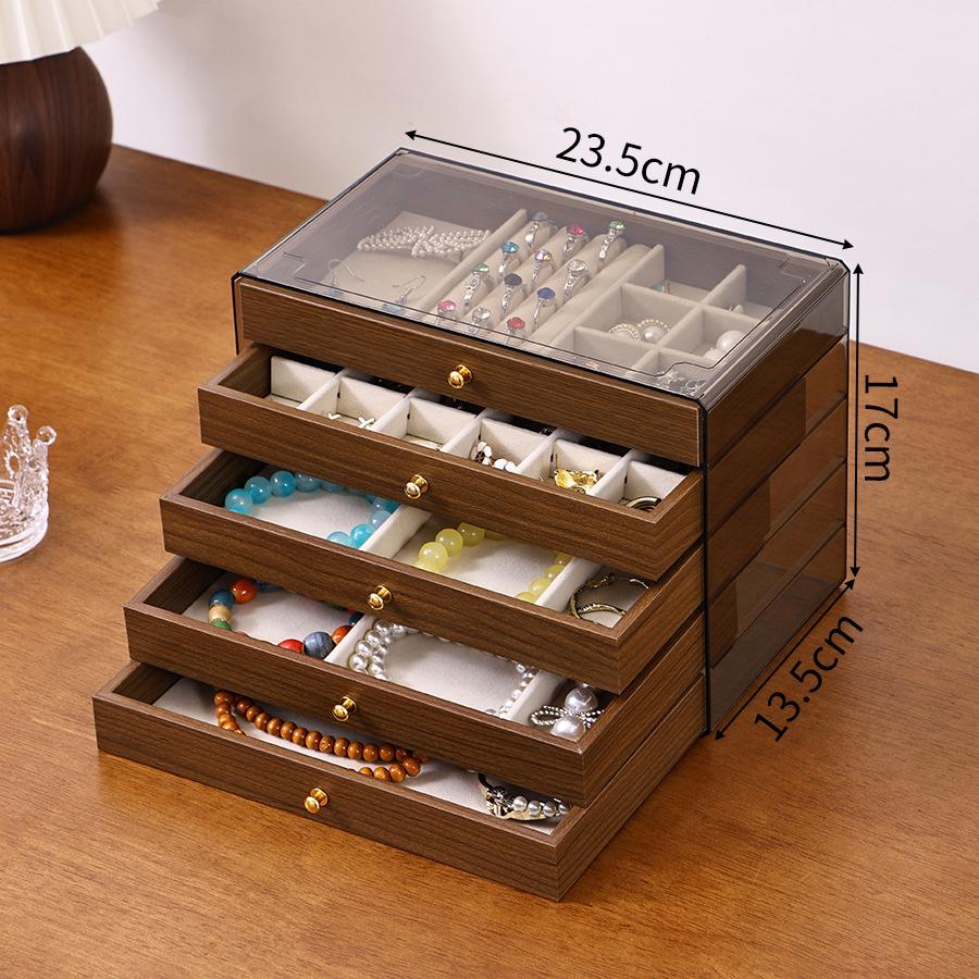 Luxury Five-Layer Rectangle Walnut Jewelry Box with Dustproof Drawstring Closure-Earring Bracelet Necklace & Ring Storage