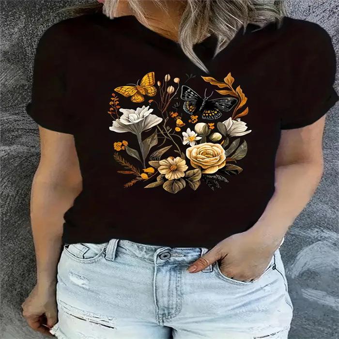 Summer Round Neck Printed Top Fashionable Casual Cute Short Sleeved Women's Pure Cotton T-shirts