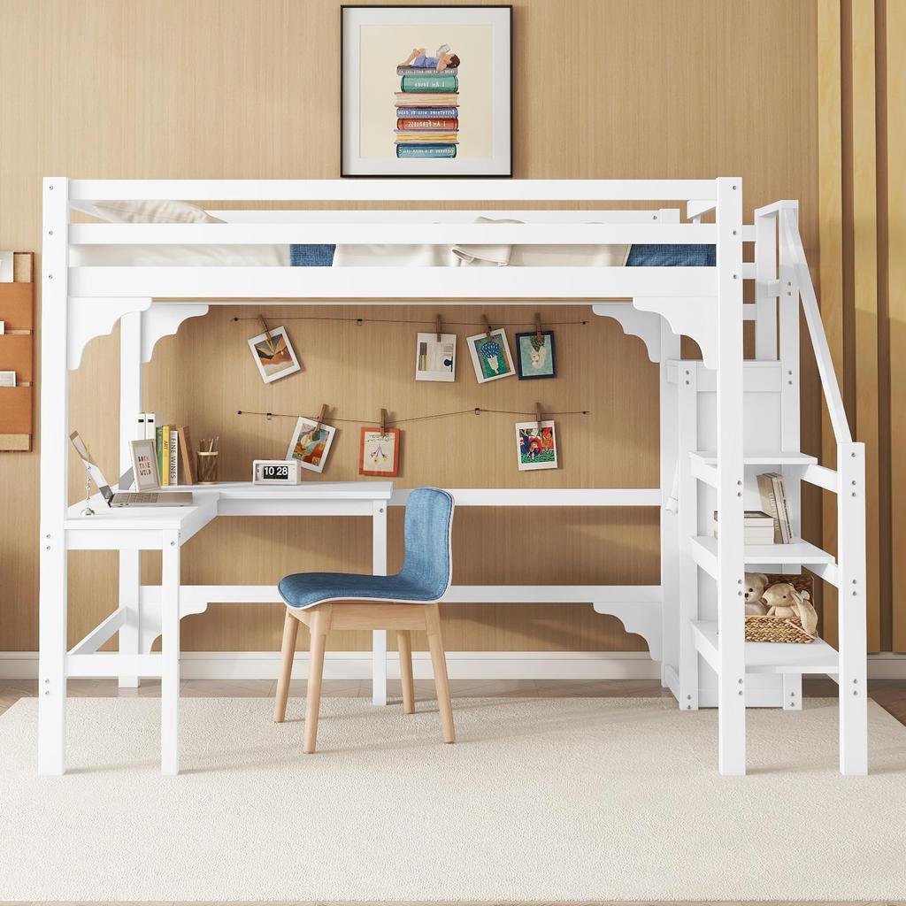 Bunk Bed 140x200 Cm, Children's Bed with L-shaped Desk, Open Wardrobe, Storage Ladder, and Side Rails, Made of Pine Wood Without Mattress