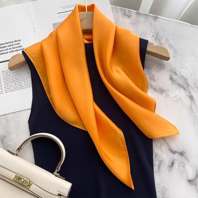 100% Natuurlijke Zijden Sjaal Dames effen Foulard Hoge Kwaliteit Dames Hoofddoek Sjaal Wikkel Vierkant Mode Hijab Bandana Sjaals Y1955YY-Real Silk 65x65cm orange