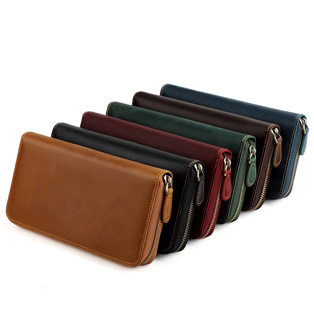 Vintage Crazy Horse Leather Men Wallet Long Zipper Card Holder Wallet
