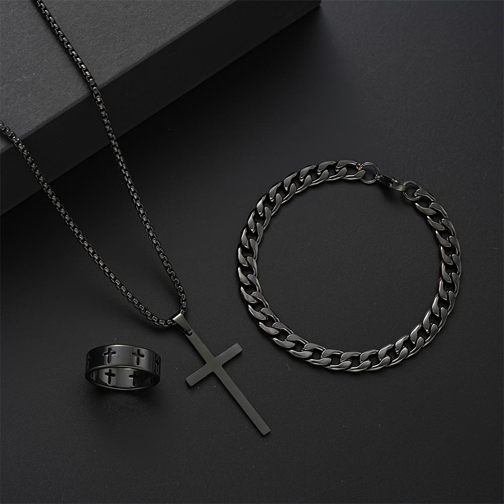 Ensemble 3 pièces Homme Acier Inoxydable Métal Pendentif Croix Chaîne Collier Bracelet Bague Ensemble de Bijoux Mâle Hip Hop Accessoires de Port Quotidien