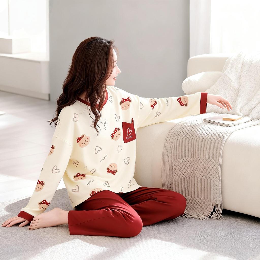 Women's Cotton Cartoon Pajama Set - Long Sleeve, Round Neck, Plus Size, Korean Style for Spring, Autumn, and Winter.