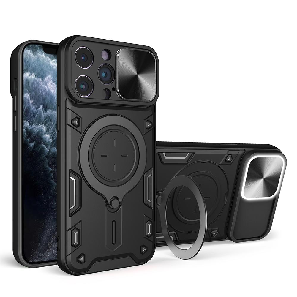 For iPhone 11 Pro Rotatable Kickstand Protective Cover PC+TPU Phone Case with Slide Camera Lid
