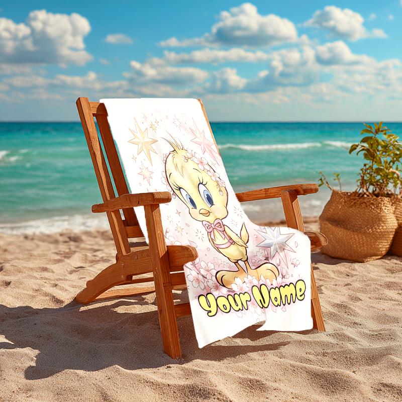 1PC Custom Name Tweety Bird Stars Theme Beach Towel Highly Absorbent And Sand-Resistant Towel for Swimming, Pool, Yoga, And Travel Lightweight