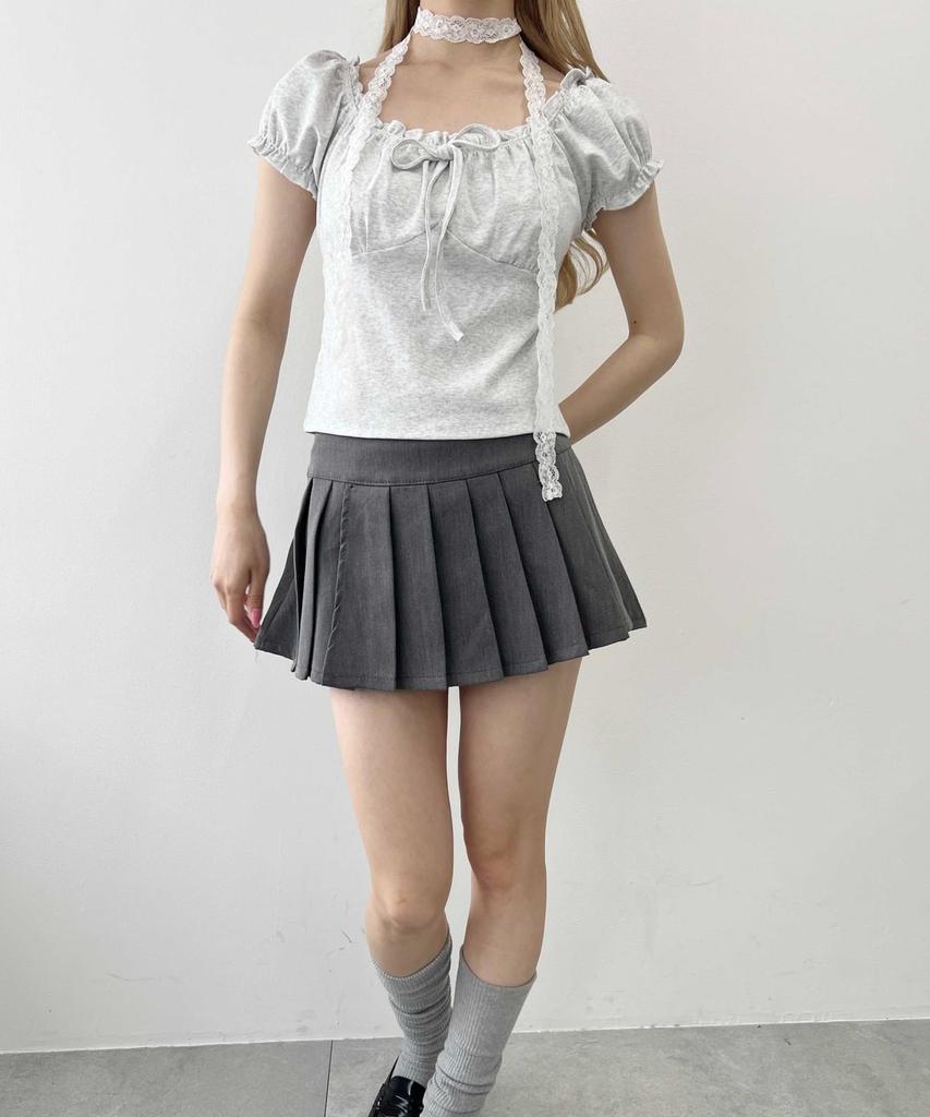 WEGO PHILLY Short Sleeve Mini Puff Sleeves with Summer Size Gray T-Shirt, Ribbon, Women's Top, F,