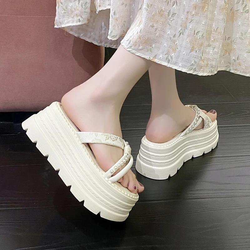 Fashion 8CM High Platform Slippers Women 2025 Summer New Thick-soled Ladies High Heels Beach Sandals Pearl Silk Ethnic style Flip Flops