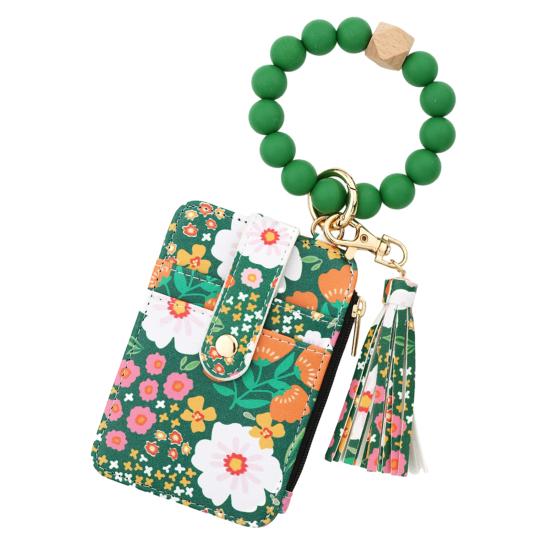

Женский кошелек-кошелек с запястьем, держатель карт в стиле бохо, кошелек с цветочным принтом, бисерный брелок с кисточкой для ежедневных выходов в отпуск зелёный
