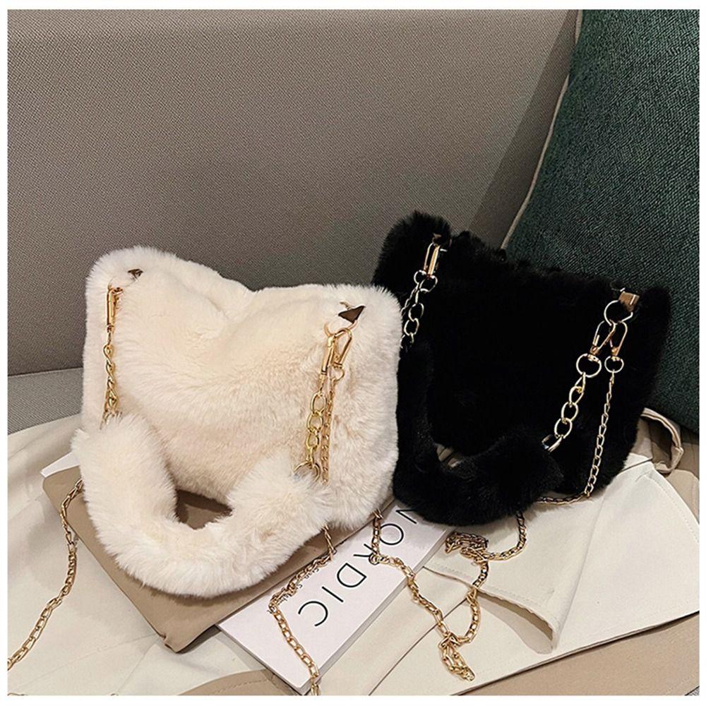 Fashi Women Fluffy Shoulder Bags Female Winter Chain Underarm Bag Solid Color Handbag Soft Plush Handle Bag