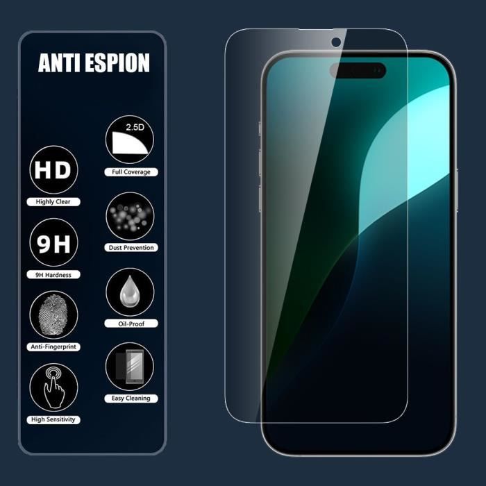 Protecteur d'écran - Verre Trempé - iPhone 16 - Anti-Espion - Ultra Fin - Résistant aux Rayures