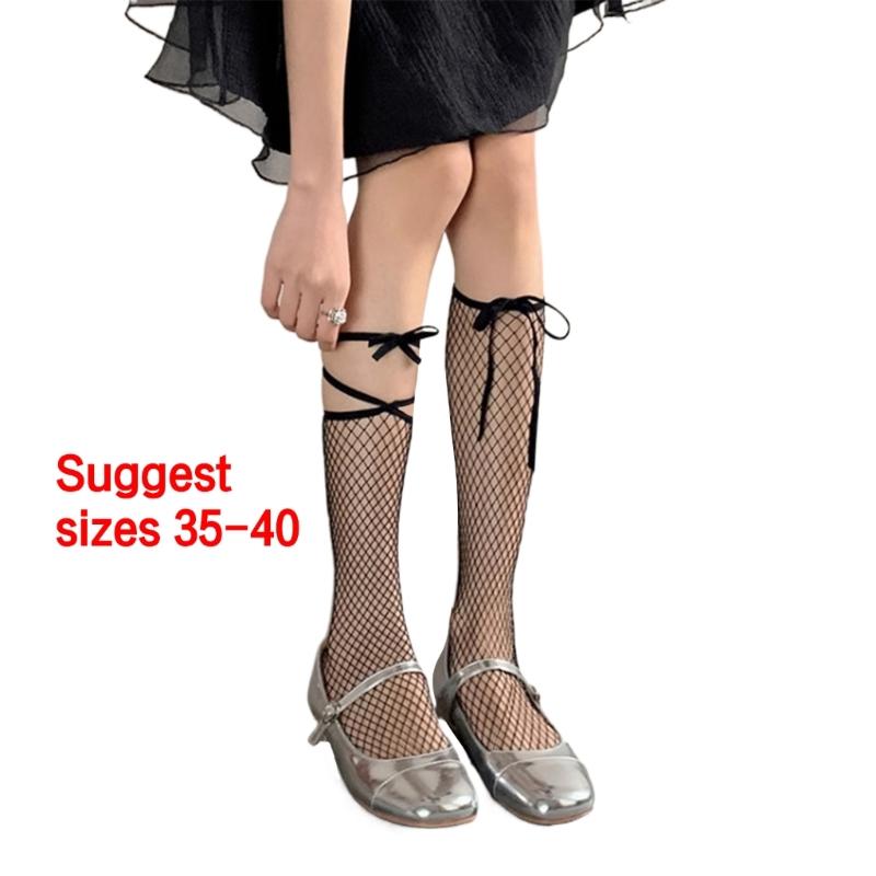 Japanese Lace Up Ribbon Bowknot Over Calf Socks for Women Gothic Hollow Out Sheer Fishnet Mesh Ultrathin Long Stockings