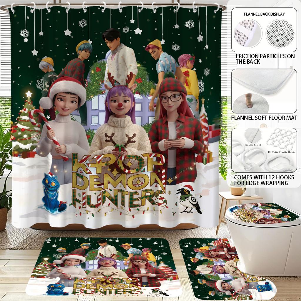 4Pcs Christmas K-Pop Demon Hunters Print Bathroom Set 180X180 Waterproof Shower Curtain Floor Mat, U-Shaped Mat, Toilet Seat Mat