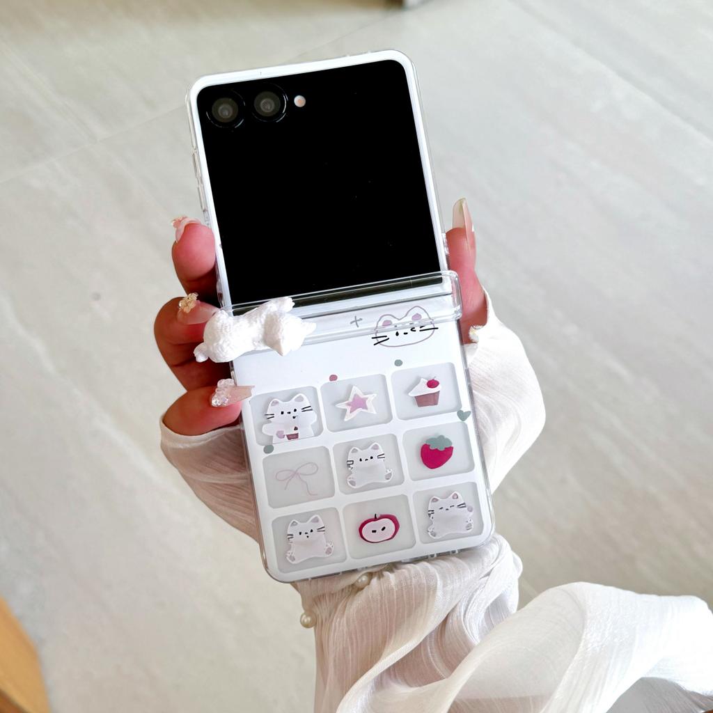 For Samsung Galaxy Z FLIP 7 6 5 4 3 Flip7 FE Flip6 Rope Strap Pendant Fold Phone Case Cute Animal Kitten Holder Shockproof Cover