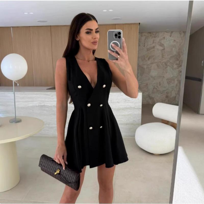 A Sexy Deep V-neck Sleeveless Suit Waistcoat Dress for Women