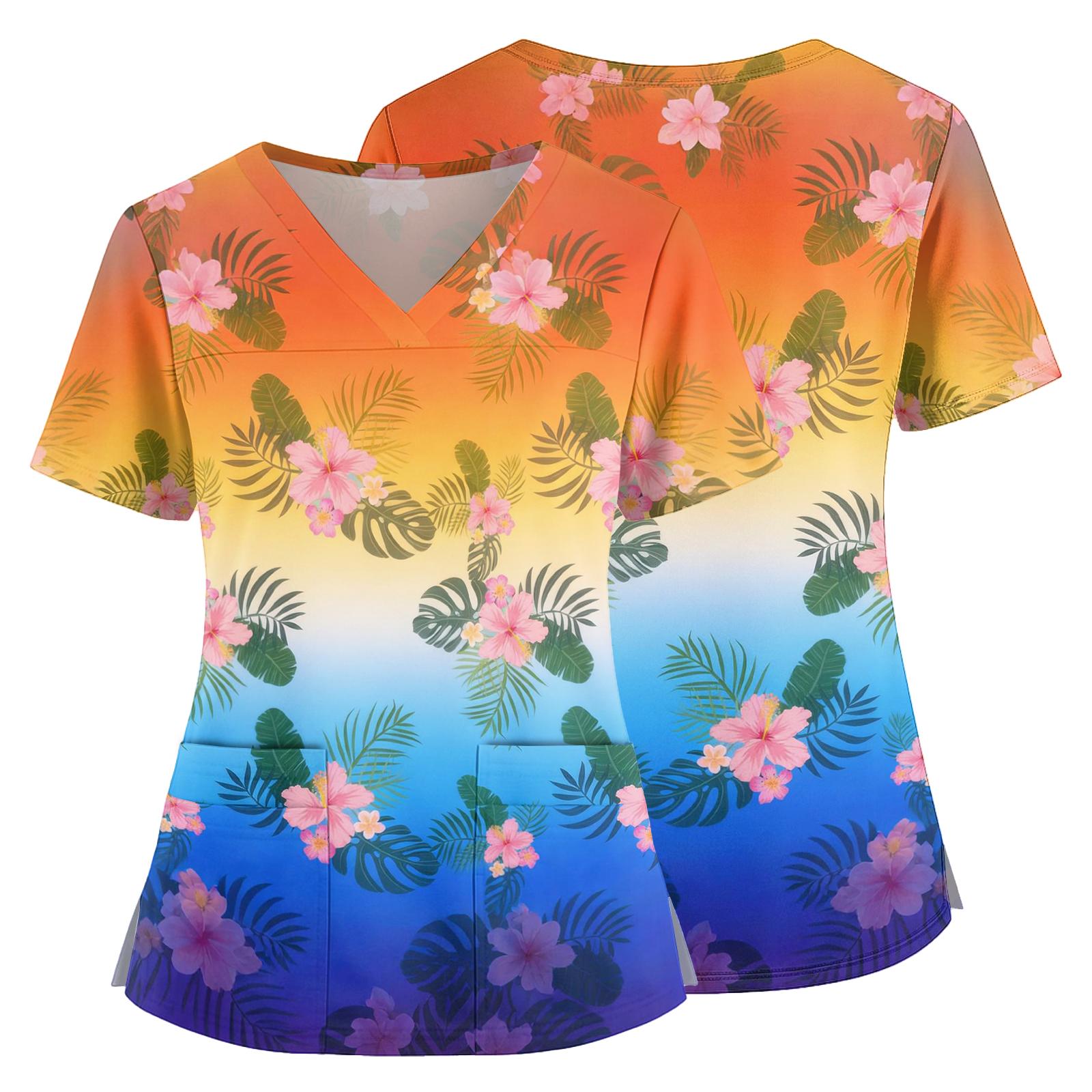 

Women s V Neck Medical Scrub Top with Hawaiian Floral Print Short Sleeve Side Slit Pockets Lightweight Nurse Uniform Shirt L