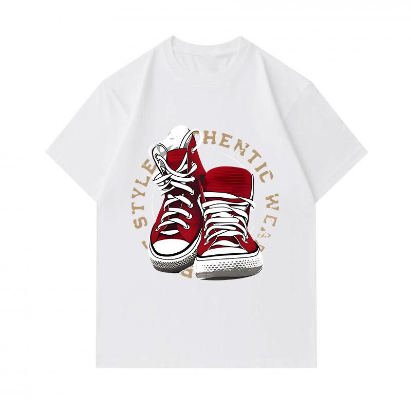 Men's 100% Cotton Crew Neck Short Sleeve T-Shirt, Retro Red Canvas Sneaker Printed Casual Comfortable Tee, Stylish Authentic Streetwear Daily Fashion