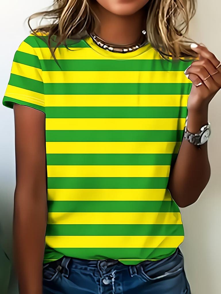 Women's Contrasting Striped Printed T-Shirt Round Neck Loose Short Sleeved Fashion Simple Commuting Top Y2k Tee Woman Clothing