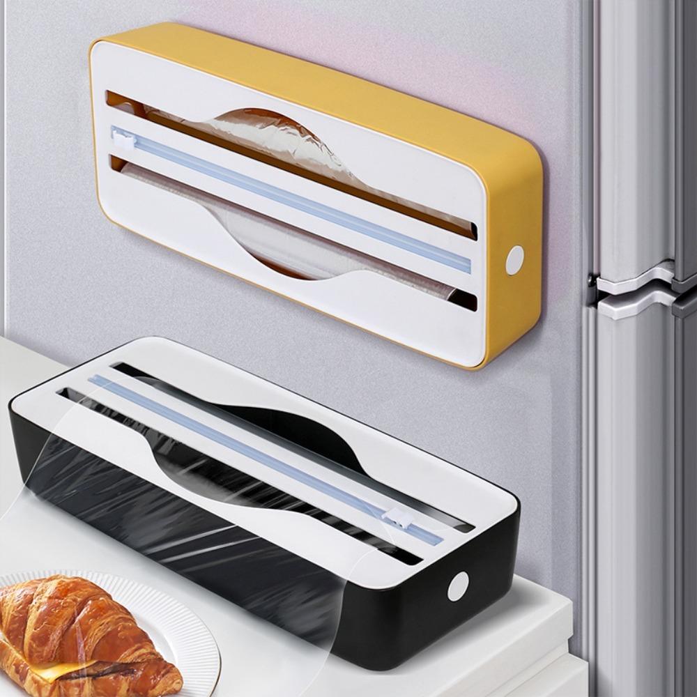 Magnetic Double Slot Food Wrap Dispenser Wall Mounted Space-saving Double-groove Cling Film Cutter Box Plastic Sliding Cutter