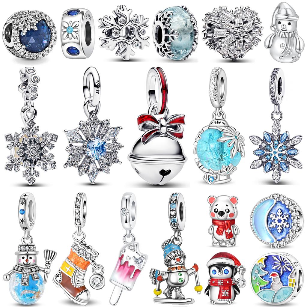 Ciondoli Fiocchi di Neve Campanelline Argento 925 Pupazzo di Neve Invernale Diamante Perline Fai da Te Per Braccialetti Parti Collane Gioielli Raffinati