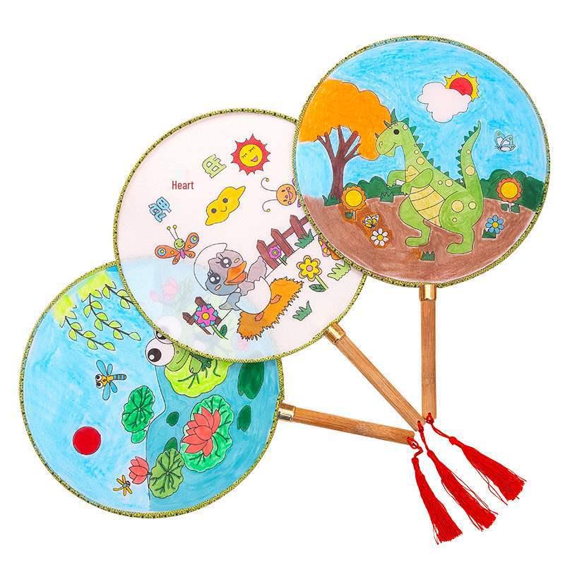 DIY Children's Silk Cloth Round Fan with Bamboo Handle - Palace Style Hand-Painted Kindergarten Craft