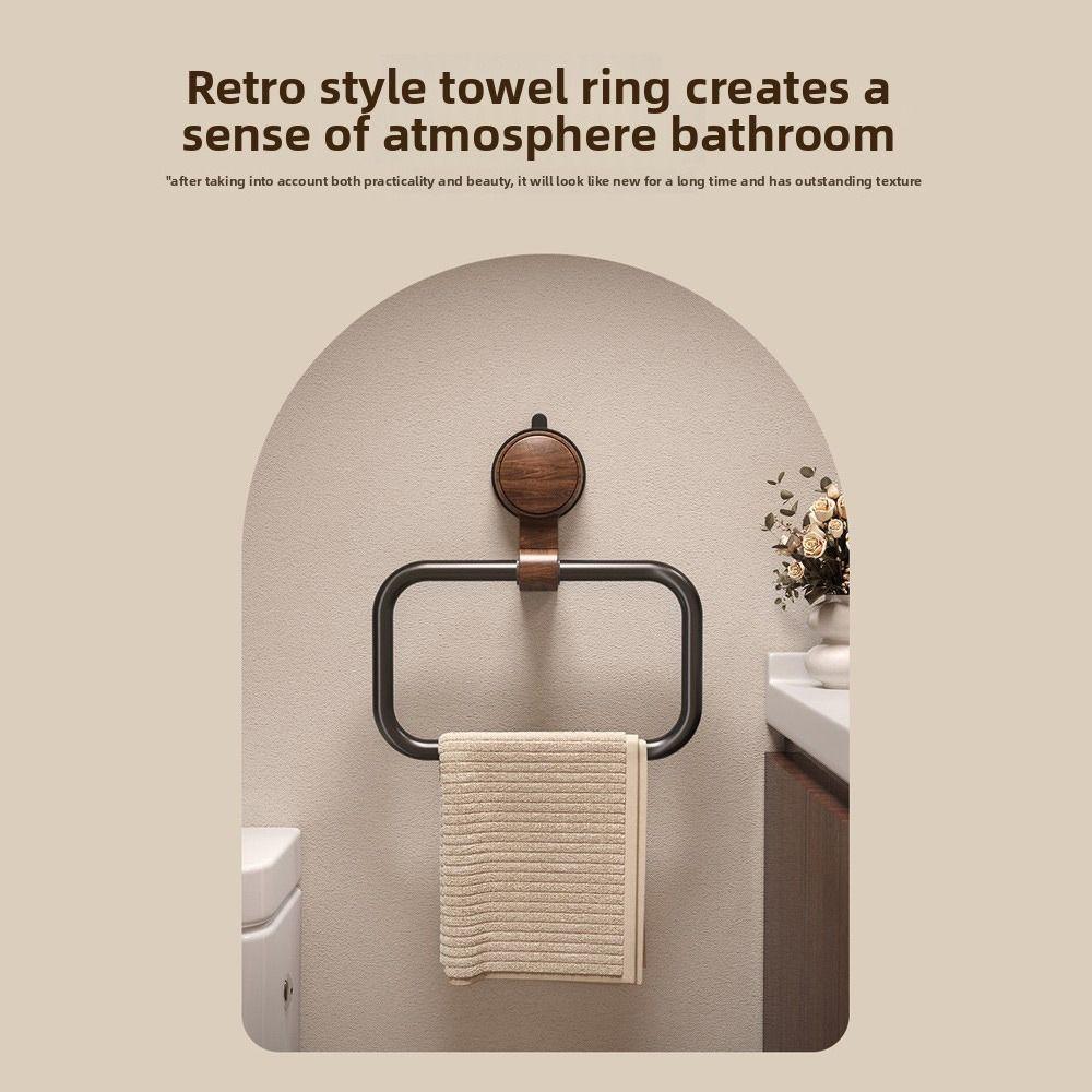 No-Drill Towel Holder Walnut Wood+Aluminium Towel Hanging Rack Suction Cup Towel Ring  Bathroom