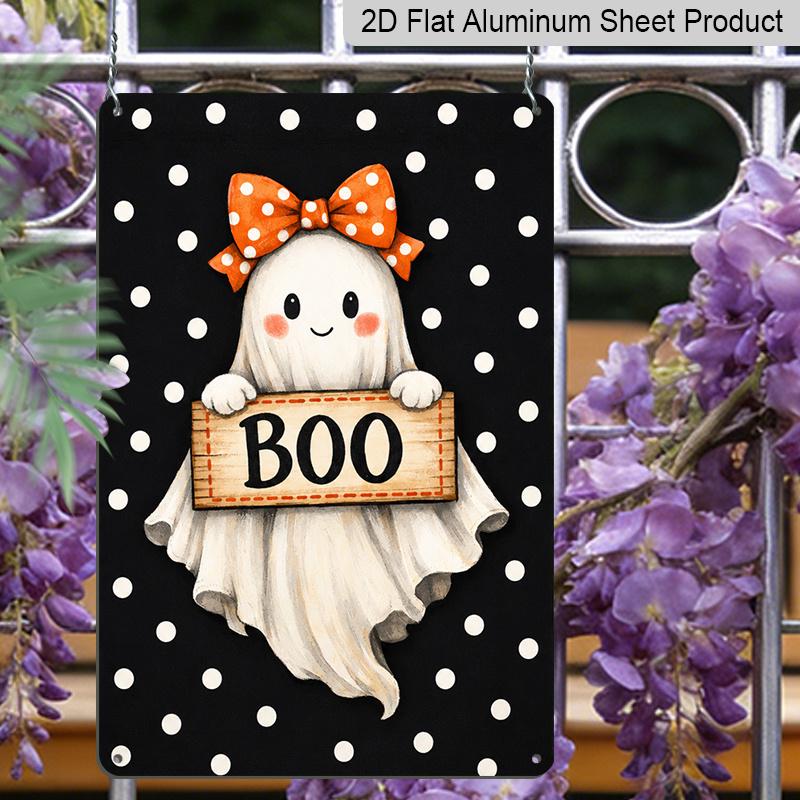 2D Flat Cute Ghost Boo Orange Bow Polka Dot Aluminum Metal Sign‑8.0x12.0inch Halloween Wall Decor, Spooky Sweet Ghost Hanging Plaque, Pre‑Drilled