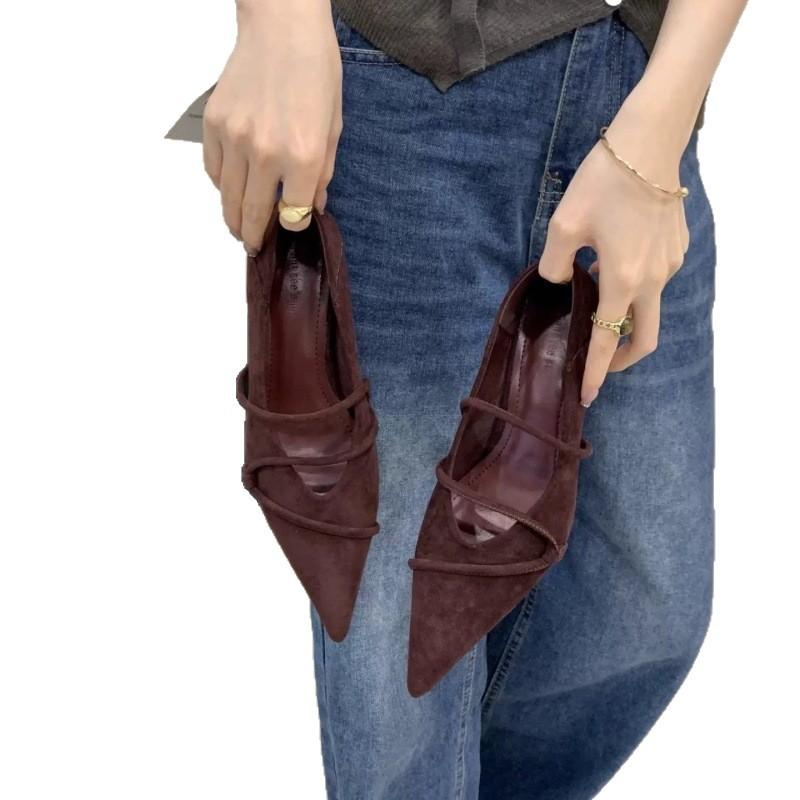 Temperament suede pointed kitten heel single shoes women's autumn and winter new high heels French versatile retro single boots