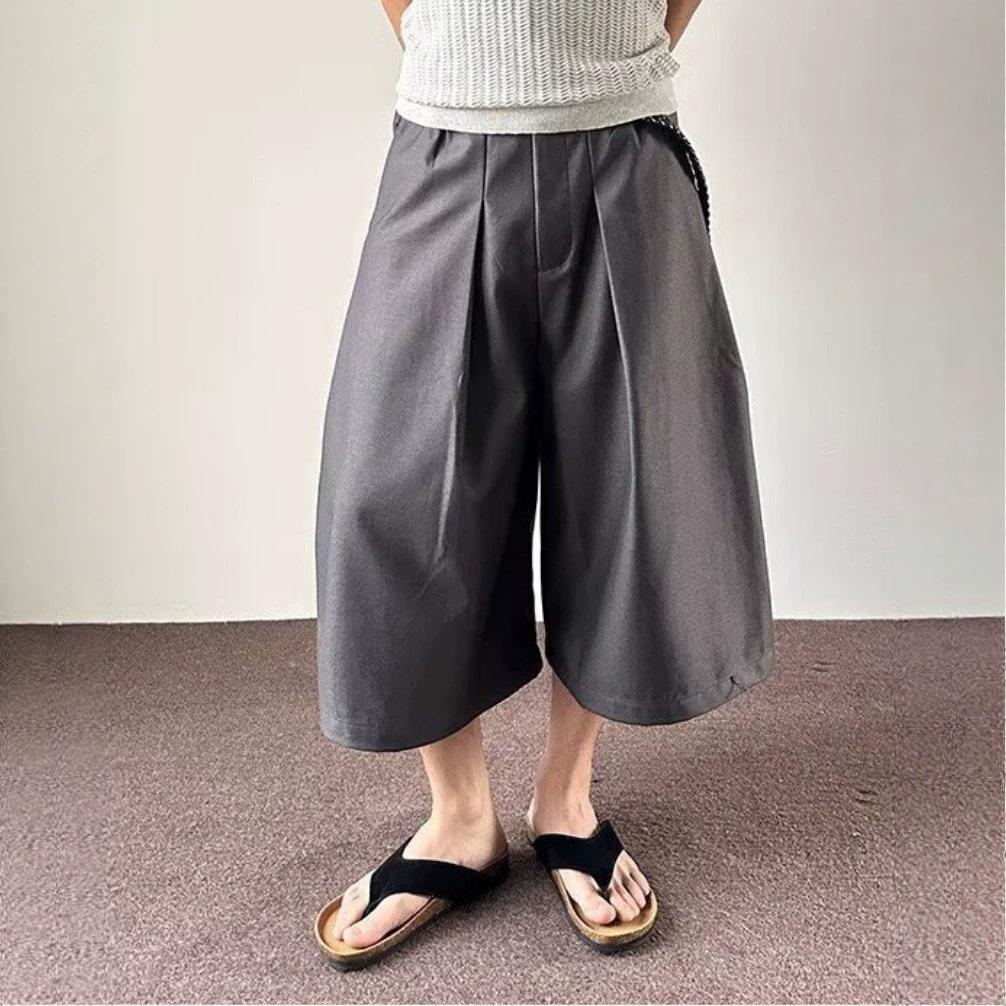 American Retro Pleated Wide-leg Cropped Trousers Men's Summer Thin Old Money Style Loose Straight Casual Shorts Tide