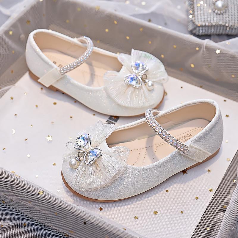 2025 Herbst Neue Koreanische Stil Strassstein Schleife Leder Schuhe für Mädchen – Weiche Sohle Prinzessin Performance Schuhe