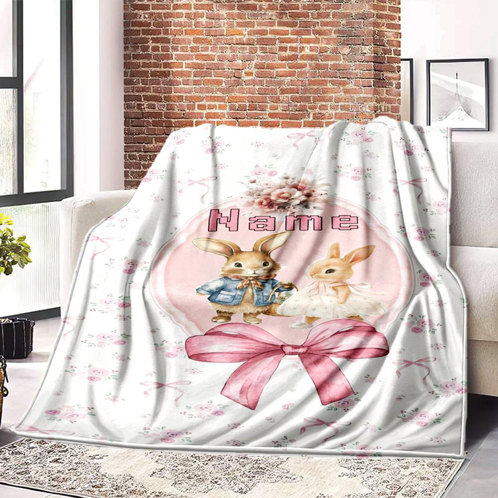Home Customize Your Name Floral Bunny Couple Pink Bow Blanket Comfortable Soft Lightweight Allseason Multipurpose Blanket For Picnics Sofas Offices
