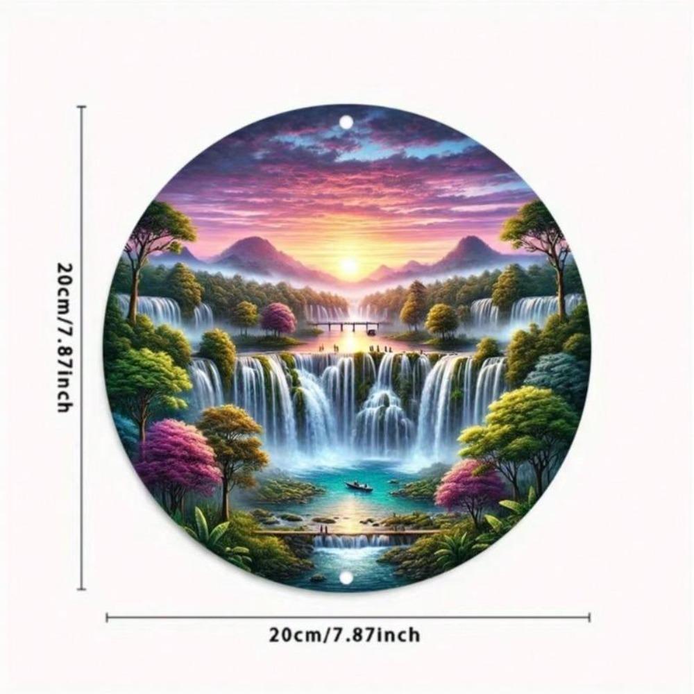 Vintage Metal Wall Art Round Tin Sign Fantasy Waterfall Decor Home Bar Gift