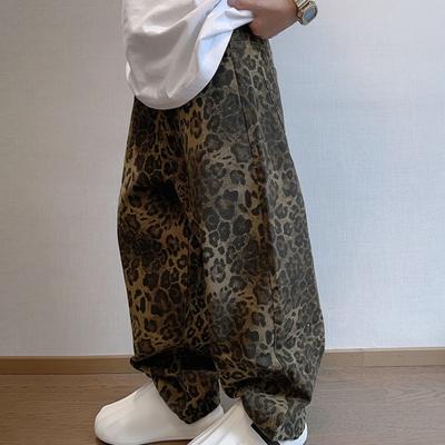 Erkek Pantolon Bol Derin Kasık Retro Hip Hop Leopar Desen Yumuşak Nefes Alabilir Cepler Orta Bel Tam Boy Streç Uzun Pantolon