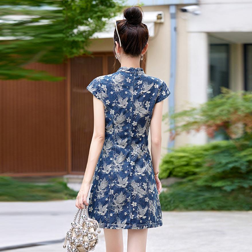 Small dress women's summer design sense improved cheongsam short denim skirt