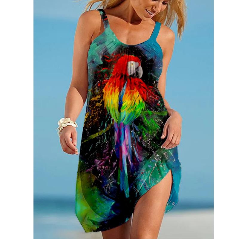 Sunflower Parrot Print Strap Mini Beach Dress Women Boho Summer Sexy Floral Dress Sleeveless Party Evening Dresses
