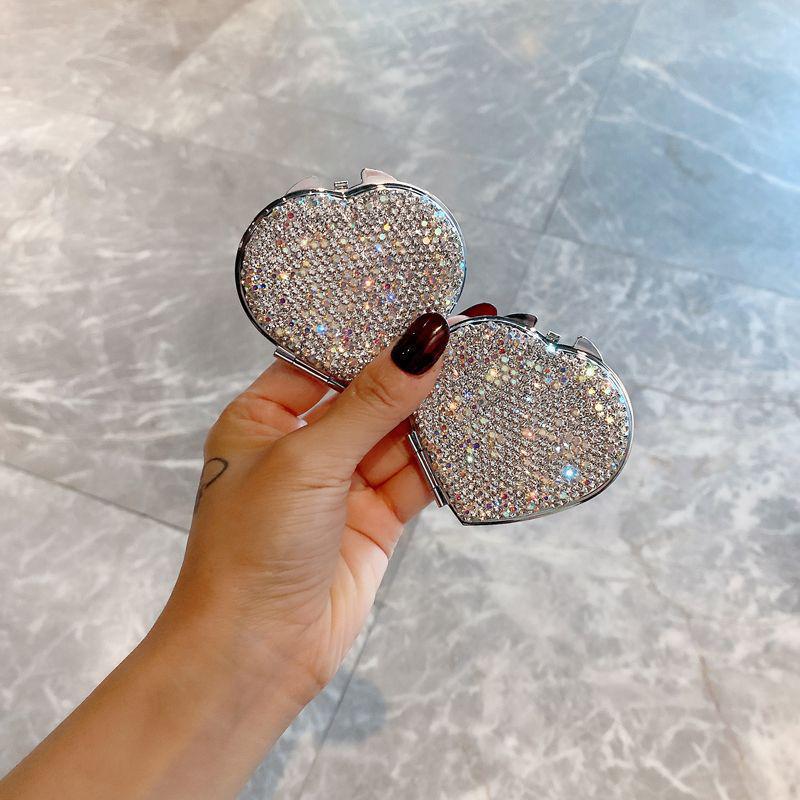 Rhinestone Heart Mini Makeup Mirror – Portable, Double-Sided, Folding Mirror for Girls