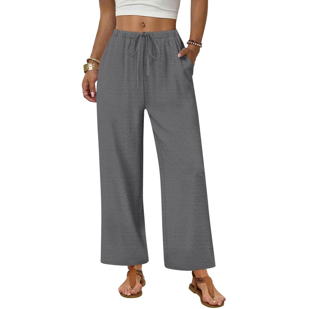 Women's Fashionable Wide-Leg Drawstring Pocket Plain Loose-Fit Cropped Casual Trousers