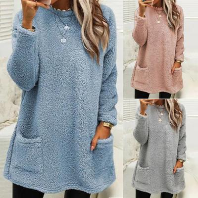 O-Neck Long Sleeves Pockets Mid-Length Winter Blouse Women Solid Color Loose Plush Pullover Top Daily Garment