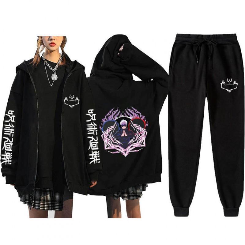 Unisex Winter Casual Sport Set With Anime Print Hooded Zip-Up Sweatshirt Jogger Pants Cotton Blend