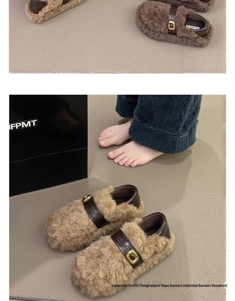 Lambswool Women's Fuzzy Winter Shoes 2025 - Fleece-lined, Thick Sole, Buckle, Warm Maternity Cotton Bean Shoes