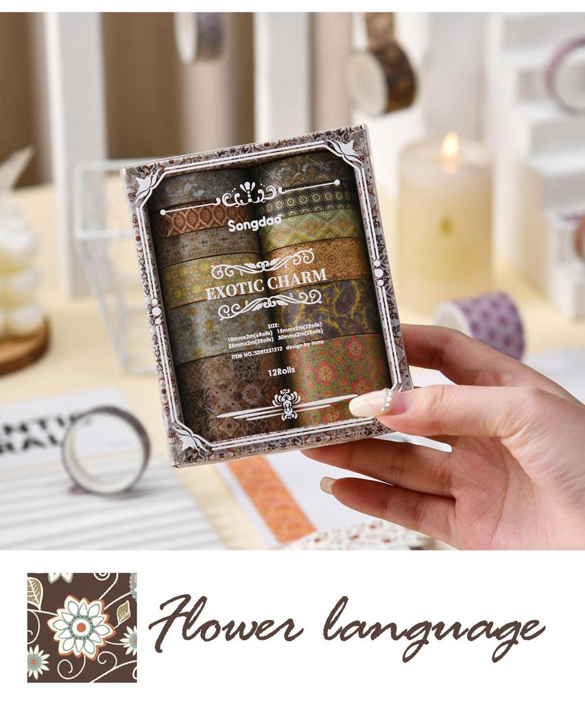 12ks Exotic Charm Paper Washi Tape Set Retro květinové lepicí maskovací pásky Dekorační samolepky Diář DIY
